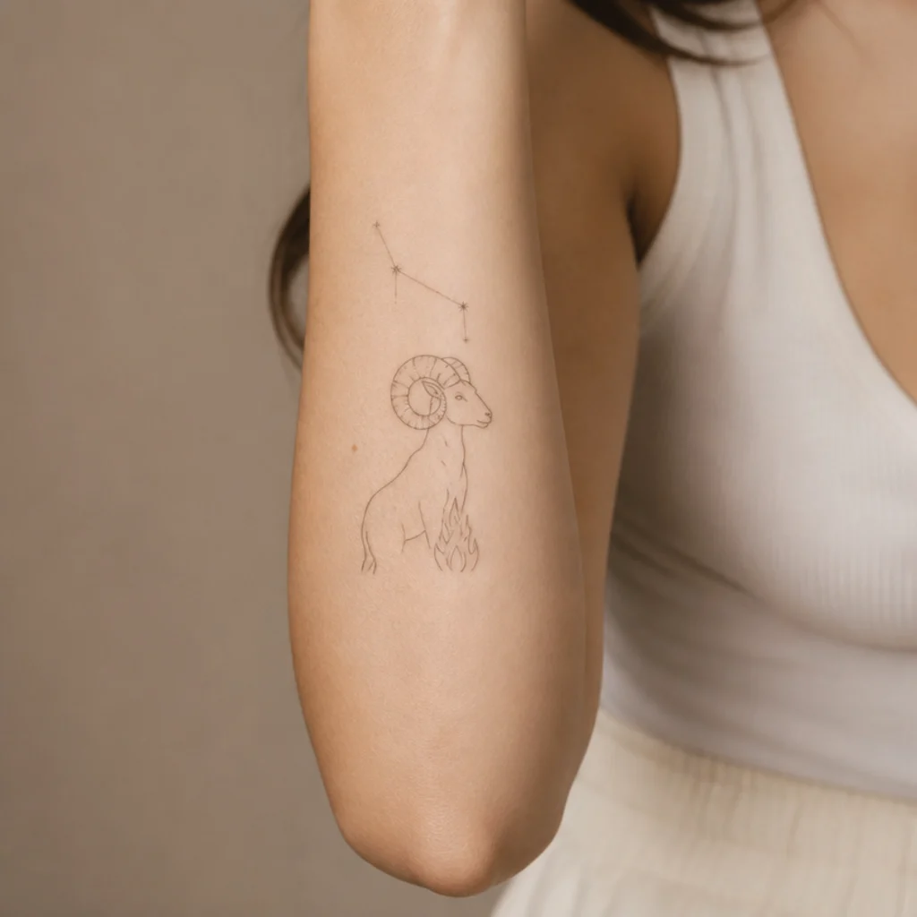 Fine-line Aries ram silhouette with small flames at the base and stars above in thin black ink