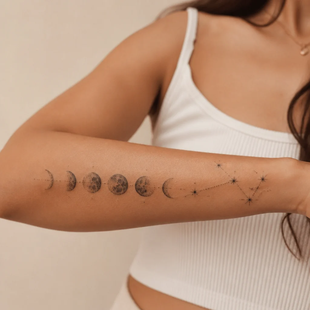 Row of moon phases paired with an Aries constellation in fine dotwork along the forearm