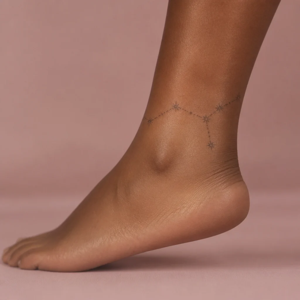Aries constellation wrapping the ankle like a delicate star bracelet in fine grey line