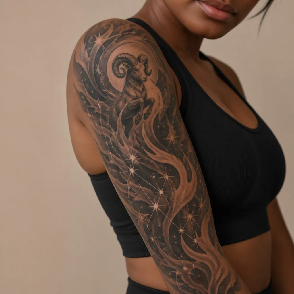 Aries fire tattoo with bold flames and constellation stars woven into a larger arm sleeve