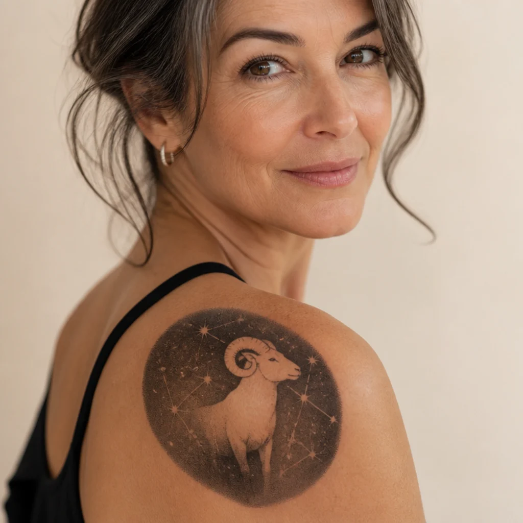 Negative-space Aries ram formed by surrounding black shading with constellation stars left in skin tone