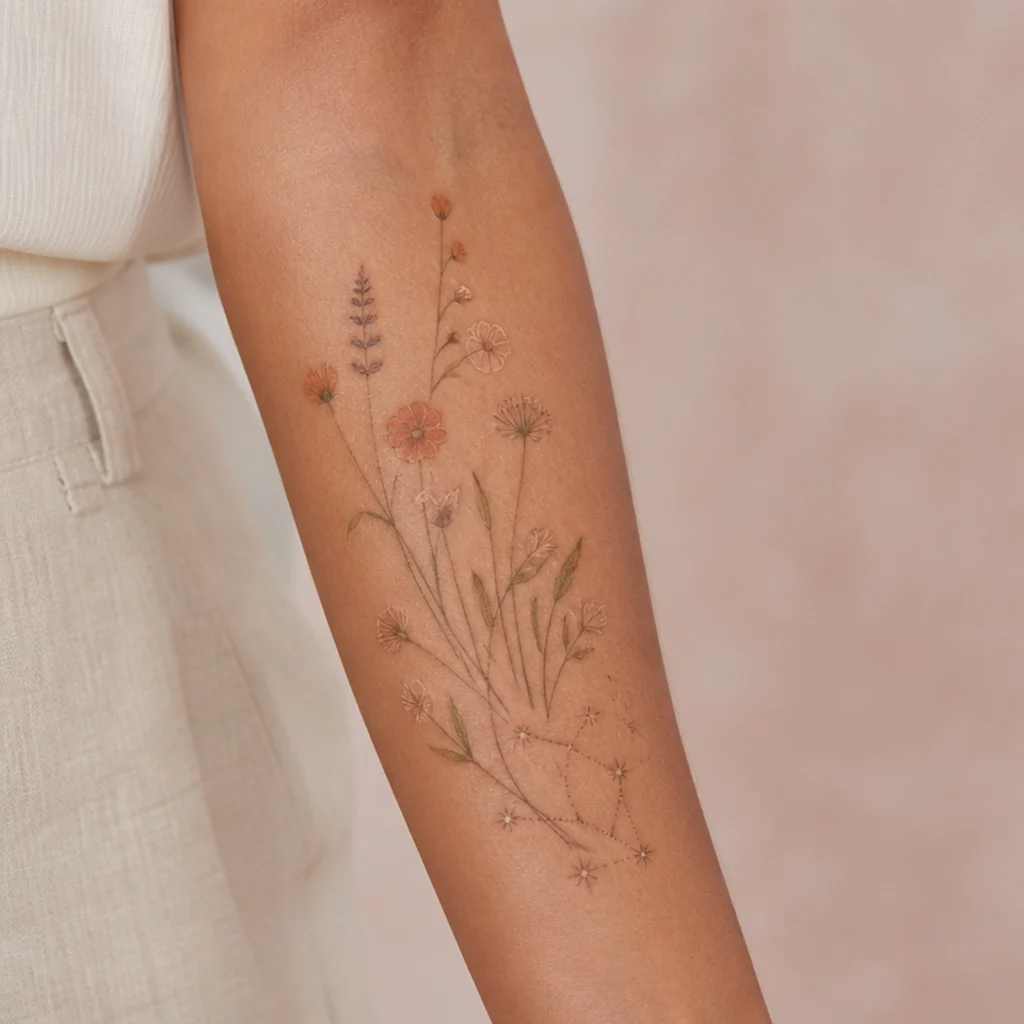 Aries flower tattoo of loose wildflowers with a small star cluster tucked among the stems
