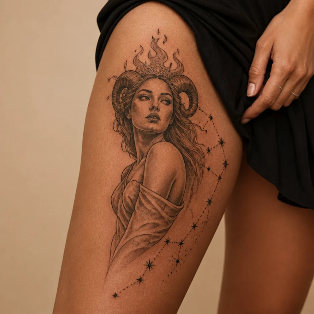 Aries goddess tattoo of a figure crowned with stylized flames and a constellation veil in black and grey