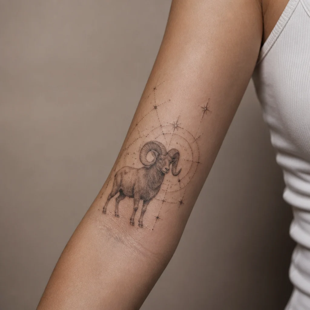 Micro-realism Aries ram with detailed fur texture beside a precise dotwork star chart on the forearm
