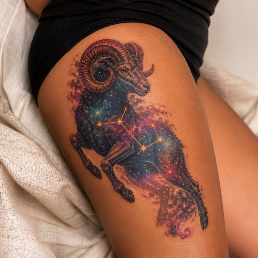 Full-color Aries ram tattoo with a galaxy-filled body in blues and magentas and bright constellation stars