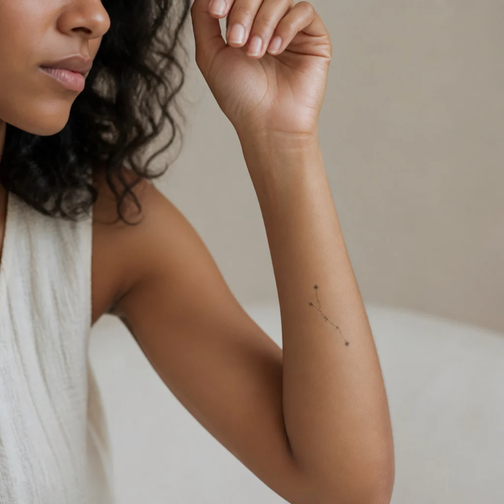 Fine-line Aries constellation tattoo with dotwork stars mapped across a forearm in soft grey ink