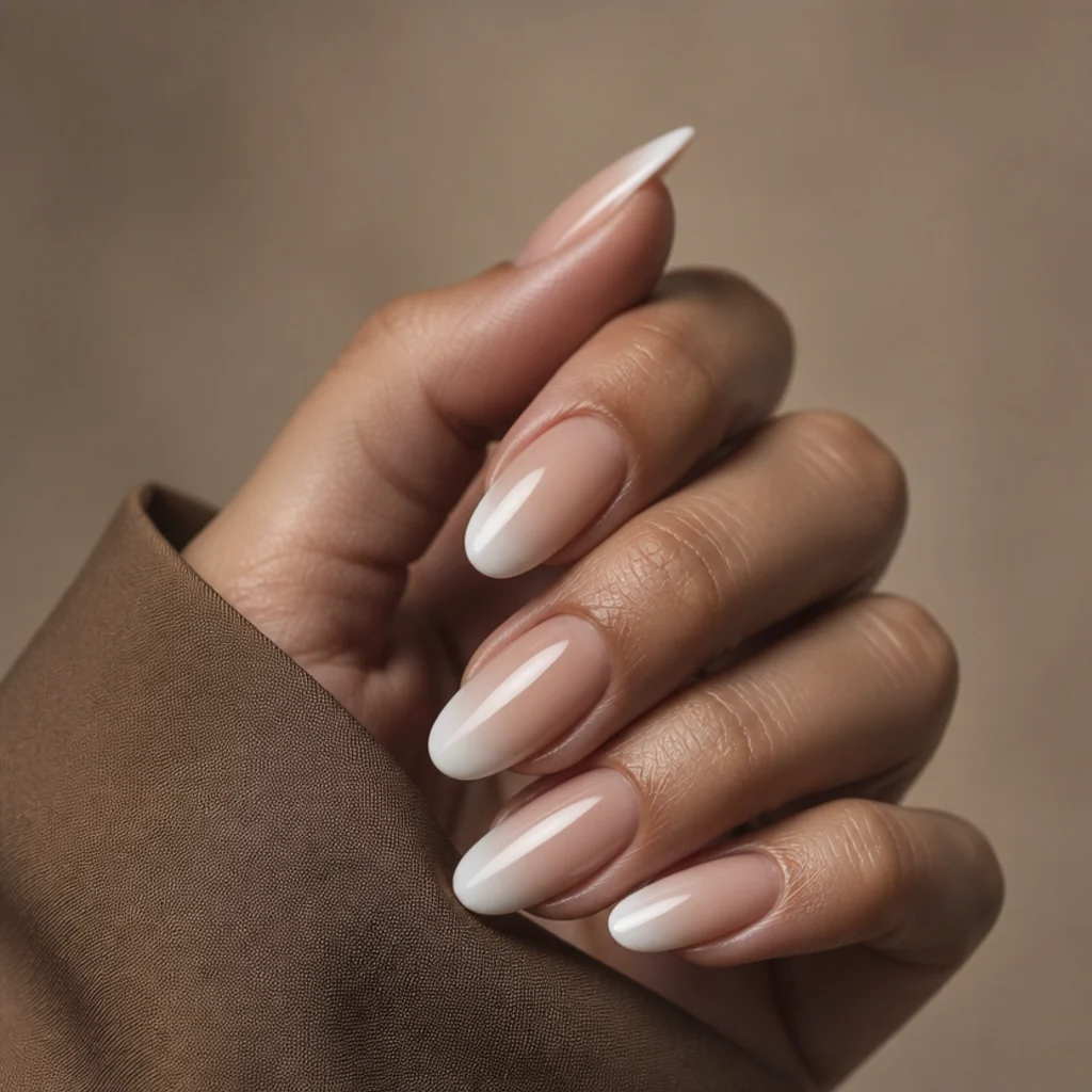Almond nails showing a soft white blooming gel french tip feathered into a sheer nude base with visible hazy diffusion