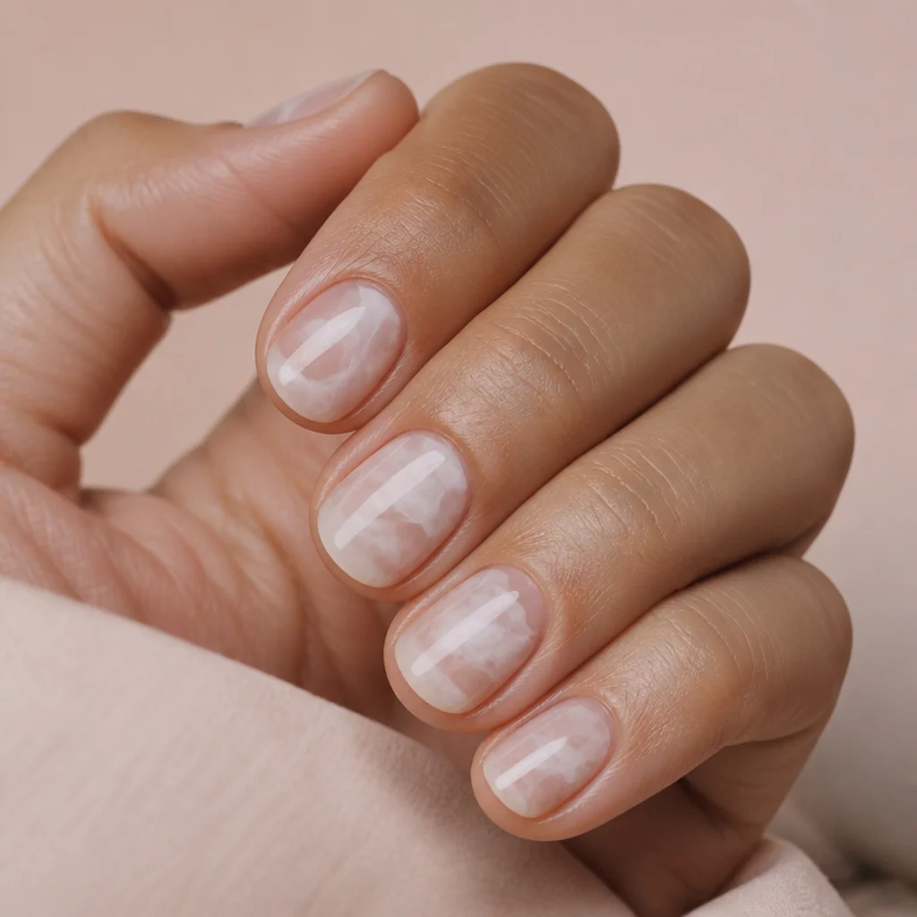 Short round nails with an all-over sheer milky white blooming gel wash under a glossy top coat, natural nail glowing through