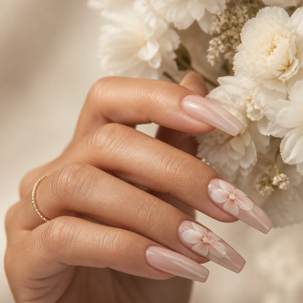 Long coffin nails featuring a blurred white floral bouquet in blooming gel across two accent fingers, petals feathering at the edges