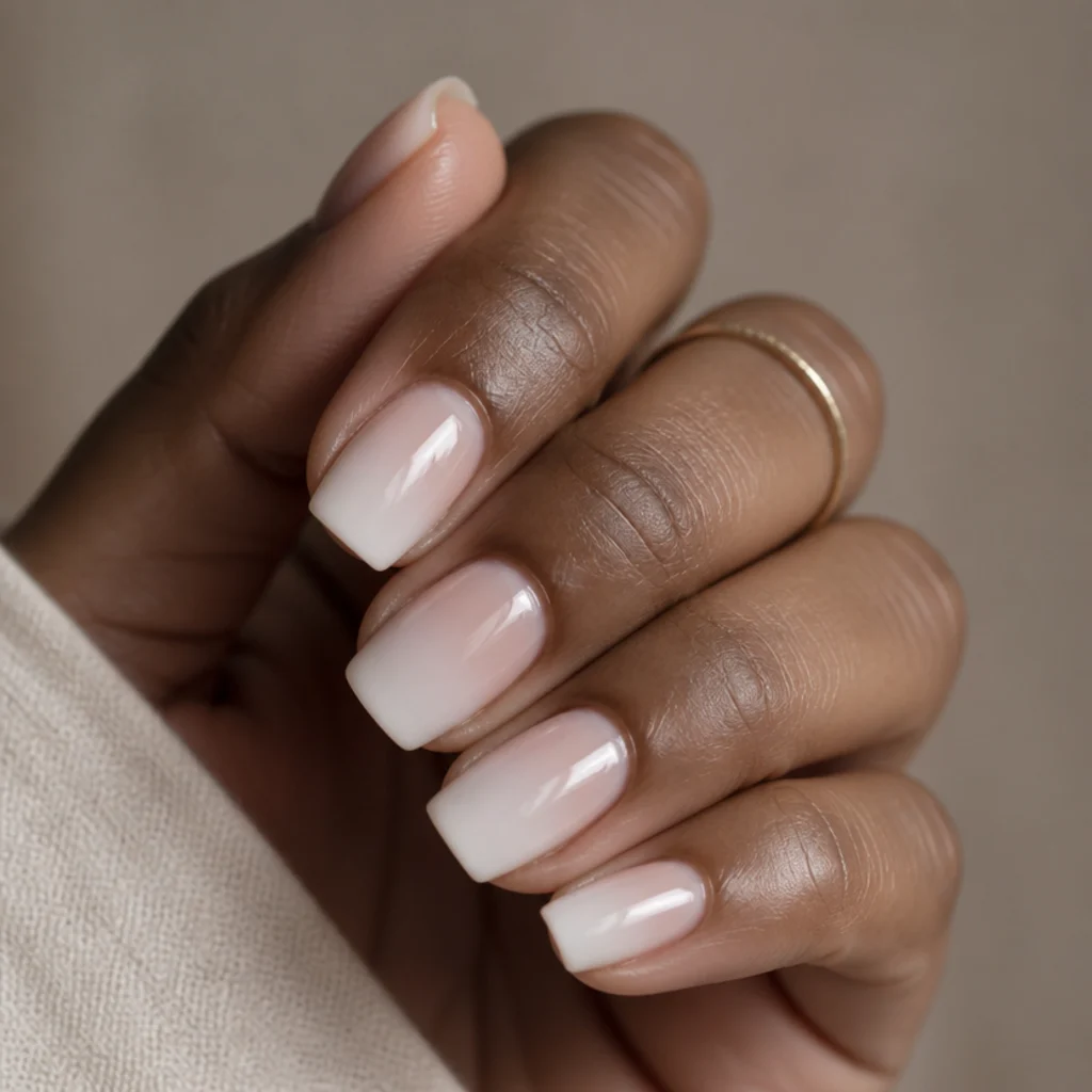 Squoval nails with a vertical white-to-nude blooming gel ombre fading softly toward the cuticle with an airbrushed transition