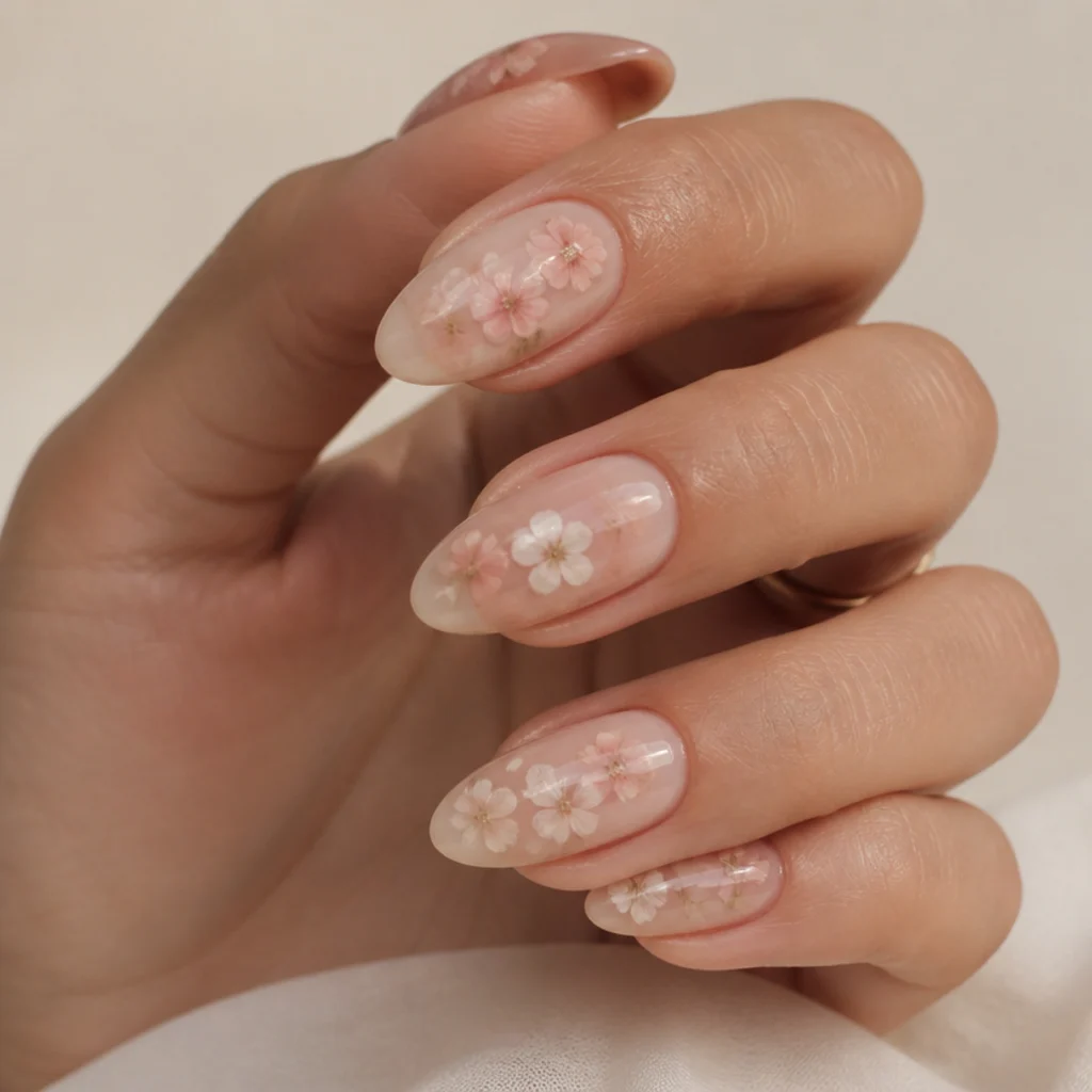 Almond nails with scattered translucent white and blush petals in a watercolor blooming gel style over a sheer base with negative space