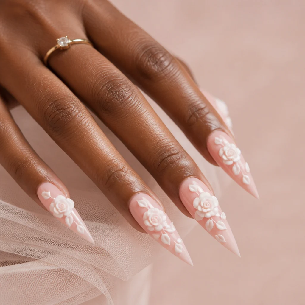 Stiletto nails with sculpted 3D white roses built in gel over a sheer pink base, petals catching light in relief