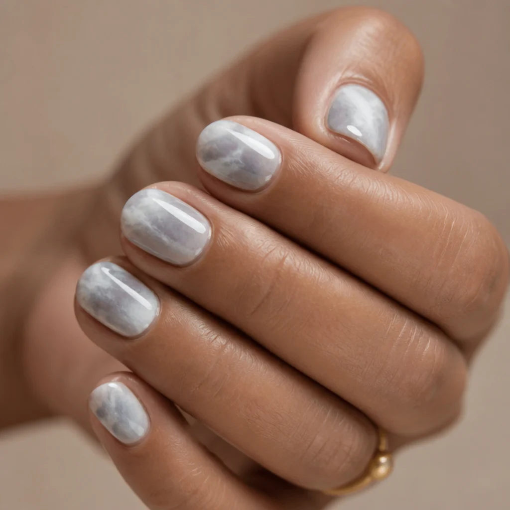 Short square nails with a soft grey and white cloudy marble made using blooming gel, low-contrast and hazy like an overcast sky
