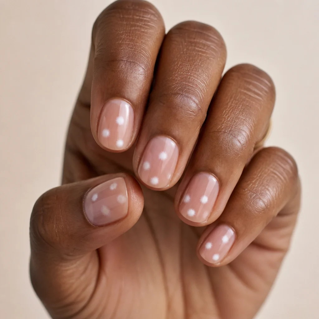Short natural nails with a clear base and a few softly bloomed white dots near the tips, each edge fuzzing into a tiny halo