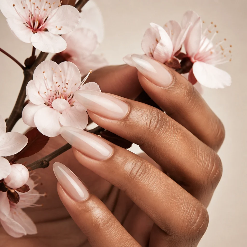 Long almond nails with a delicate cherry blossom branch and softly bloomed pink-white petals, crisp linework against feathered flowers