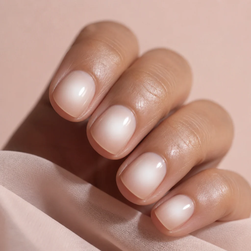 Round nails with a white aura glow bloomed outward from the center over a nude base, giving a lit-from-within halo