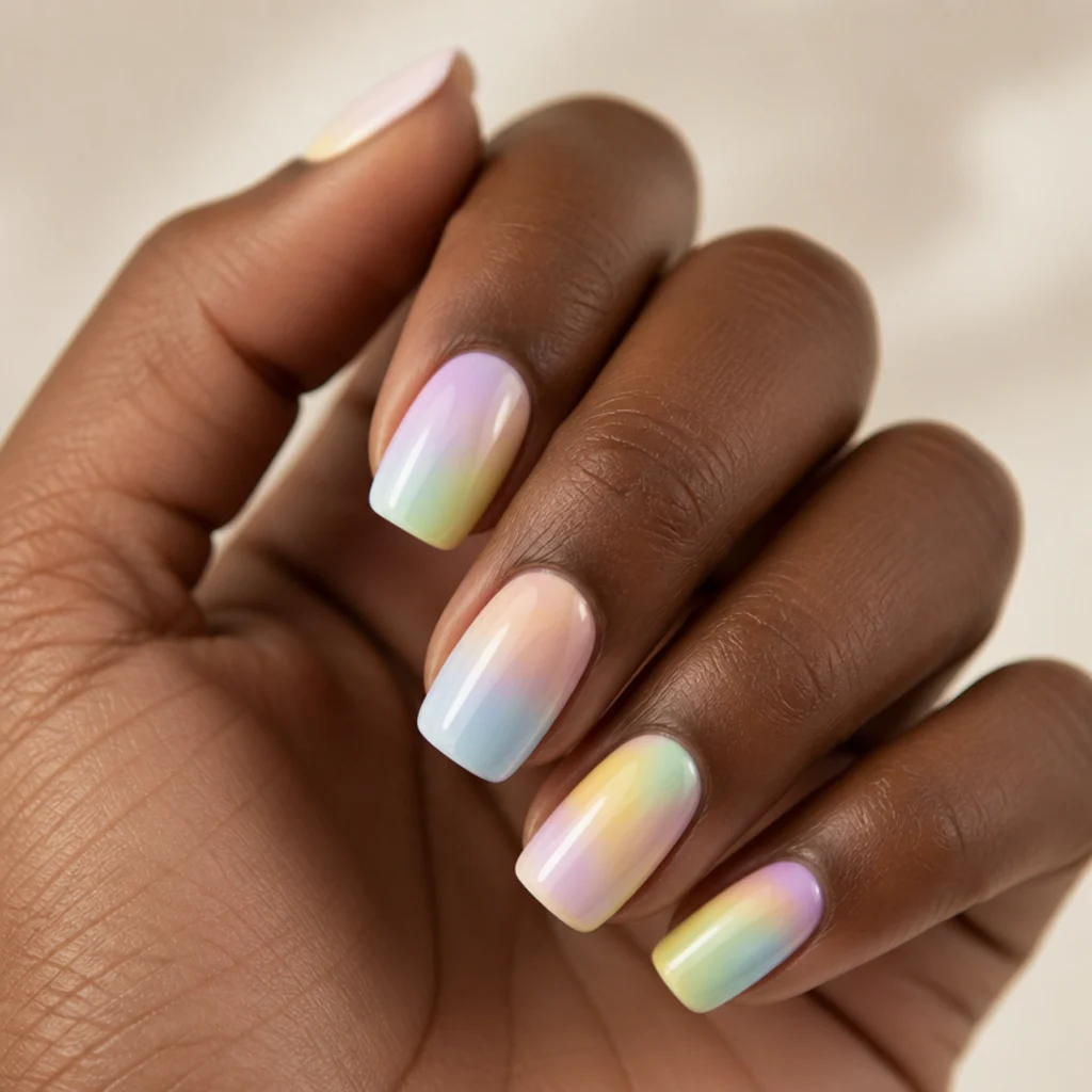 Squoval nails with soft pastel rainbow bands blurred together using blooming gel, transitions melting where the colors meet