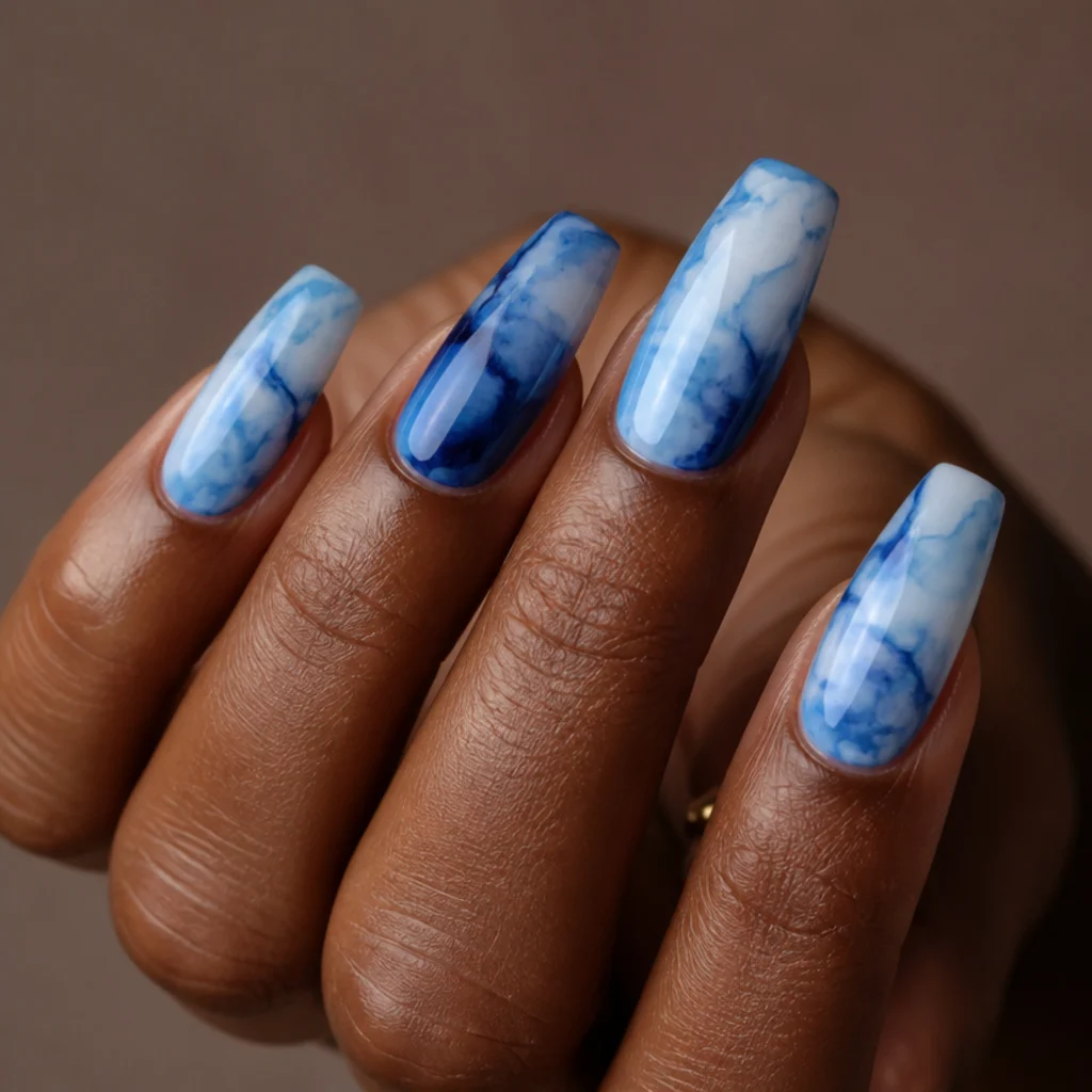 Coffin nails with inky blue and white watercolor blooming gel washes over sheer nails, denim and sky tones bleeding like wet paint