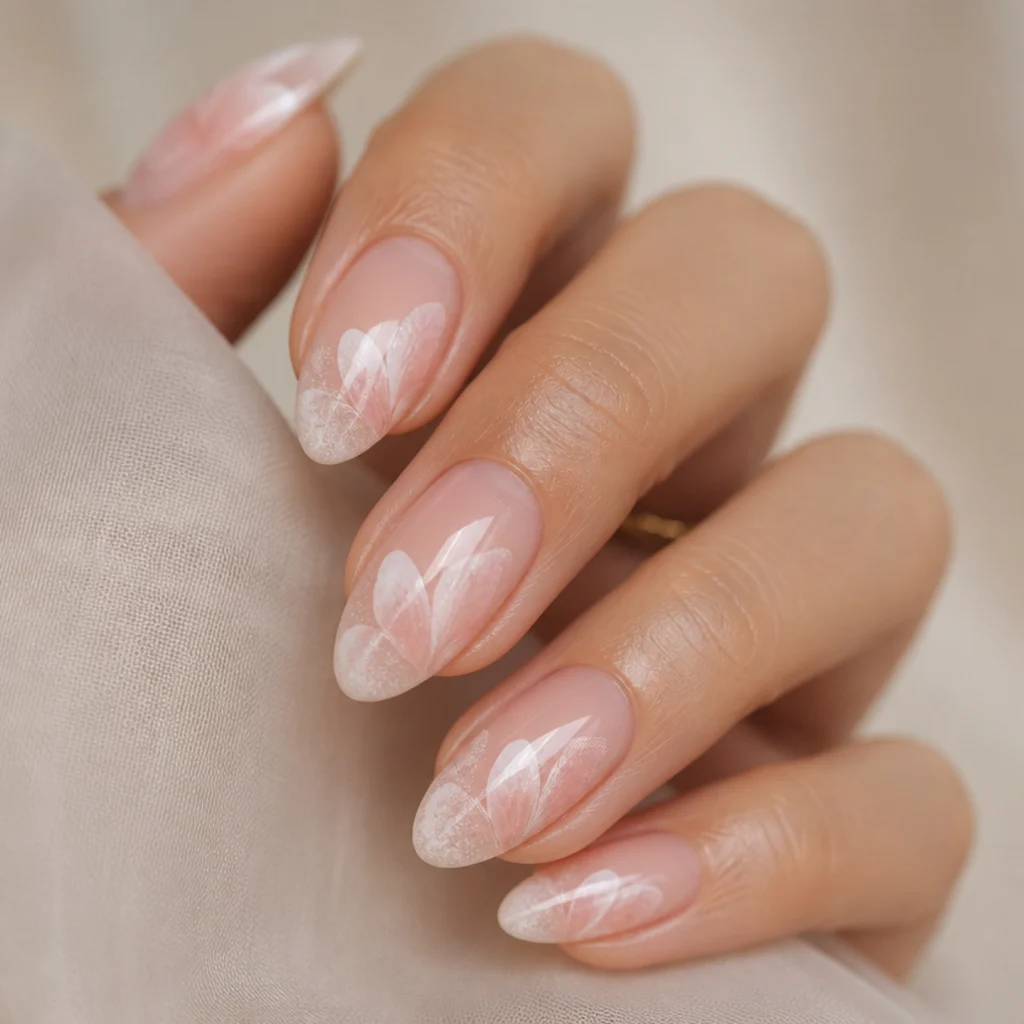 Almond nails with softly bloomed white and blush butterfly wing shapes across the tips, blurred and ethereal rather than outlined