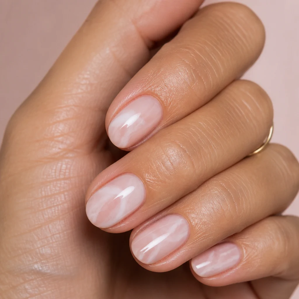 Short almond nails with a sheer nude and white swirled marble in blooming gel, subtle and low-contrast for an everyday finish