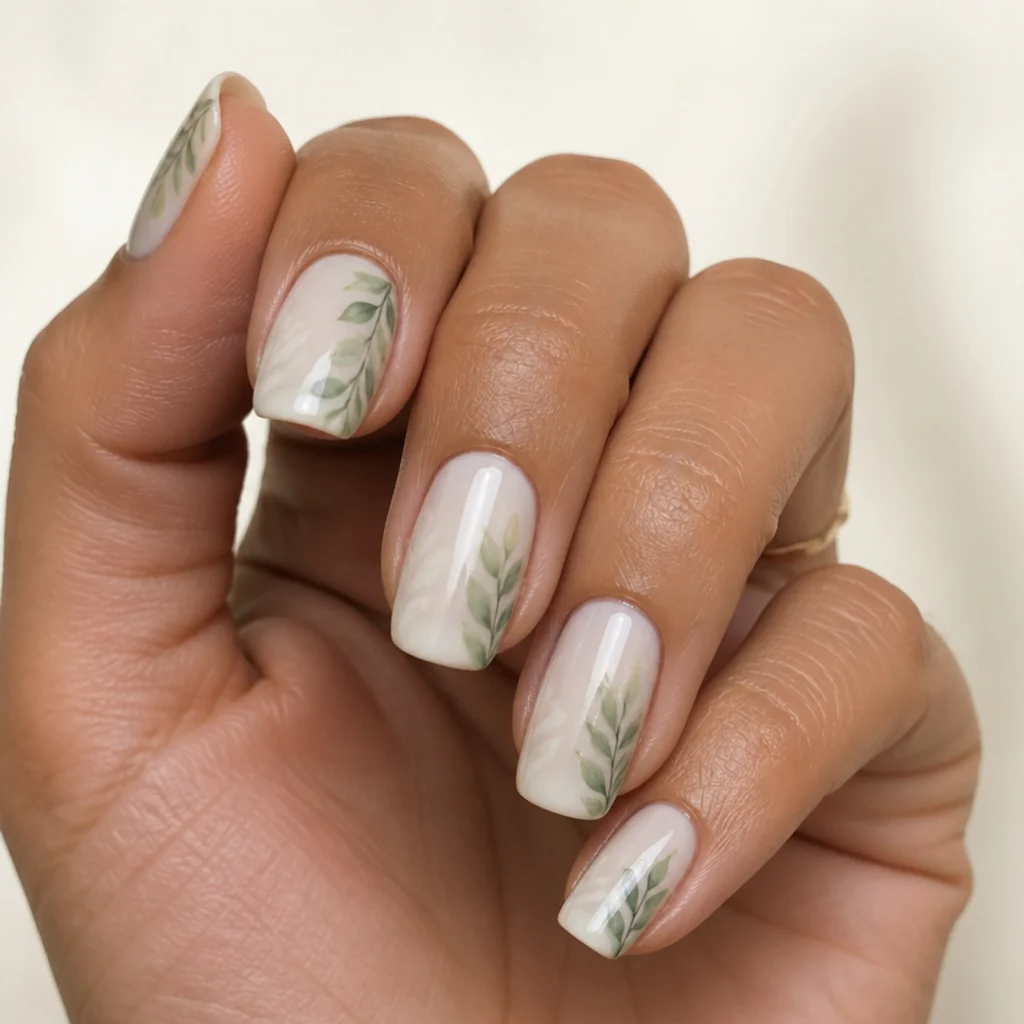 Squoval nails with a soft green and white feathered leaf trail bloomed along the side wall, delicate vine over a milky base