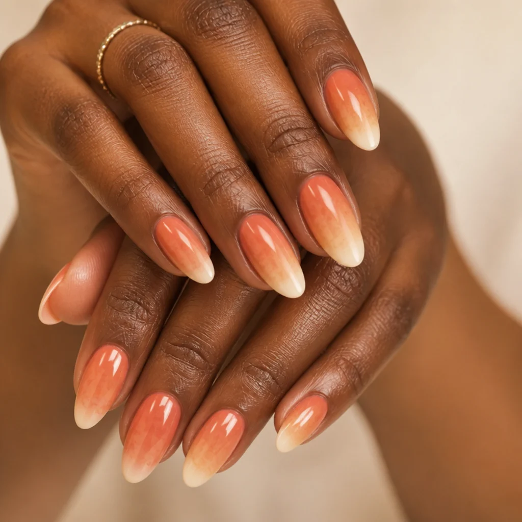 Almond nails with a warm terracotta, peach, and cream sunset bloom fading toward the tips, sun-washed and earthy