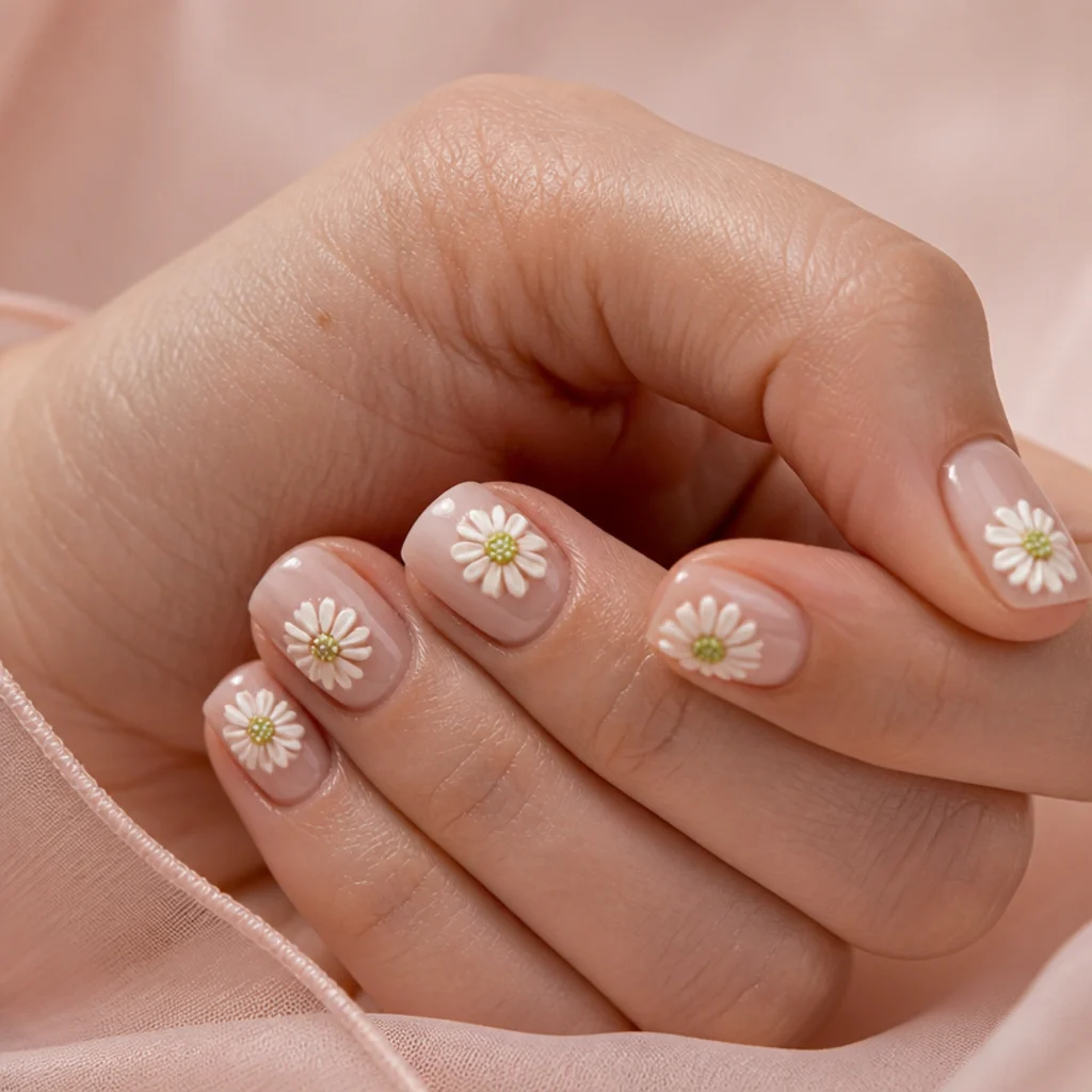 Round nails with sculpted 3D white daisies and softly bloomed green centers over a nude base, raised petals with hand-painted shading