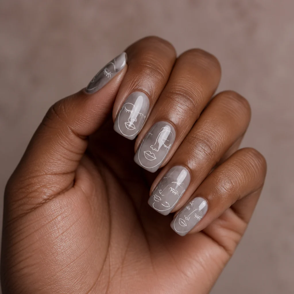 Squoval nails with fine white line-art faces drawn over a soft grey blooming gel background, crisp strokes against a hazy backdrop