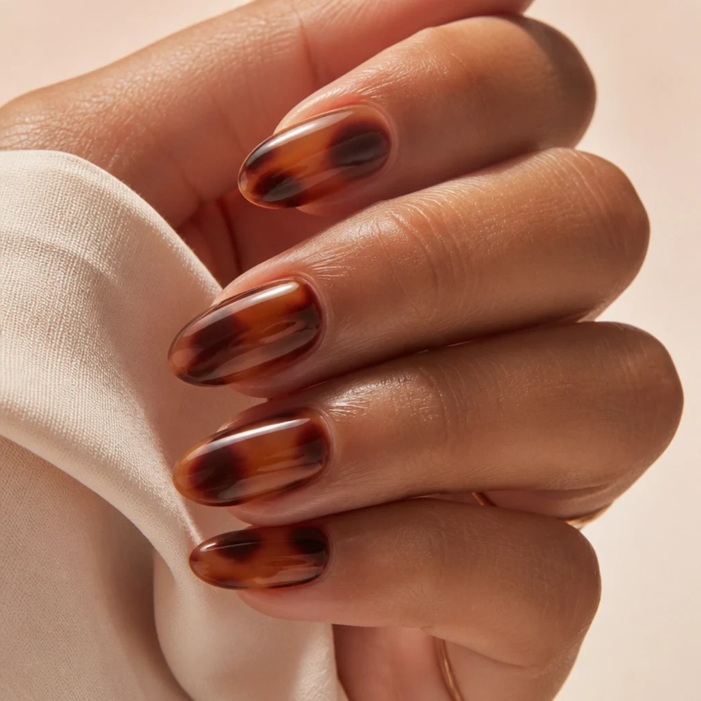 Almond nails with a soft amber and brown tortoiseshell blurred with blooming gel, warm mottled spots melting at the edges