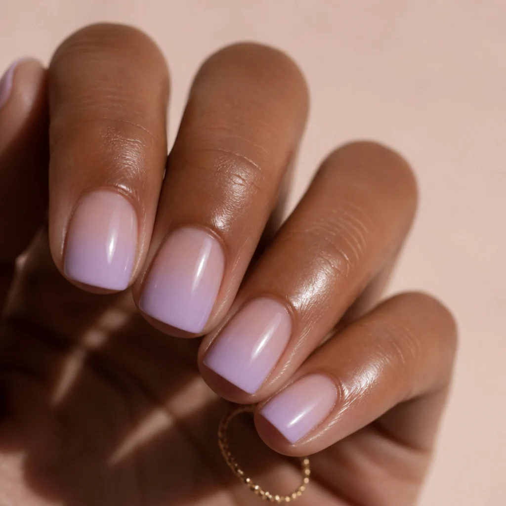 Short square nails with soft lavender blooming gel tips fading into a sheer base, airy purple-tinged french alternative