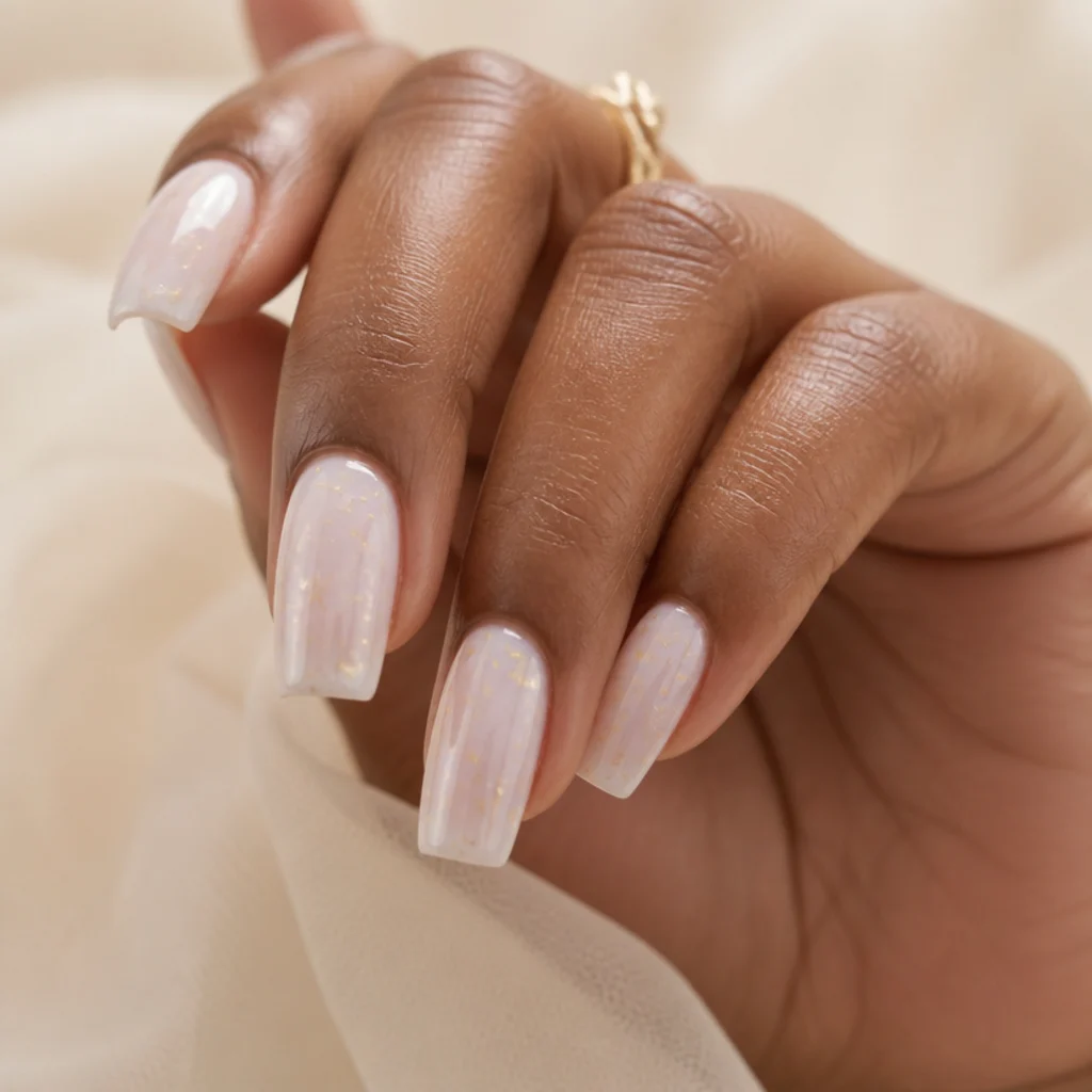 Coffin nails with a milky white blooming gel wash scattered with fine gold flecks catching the light near the cuticle