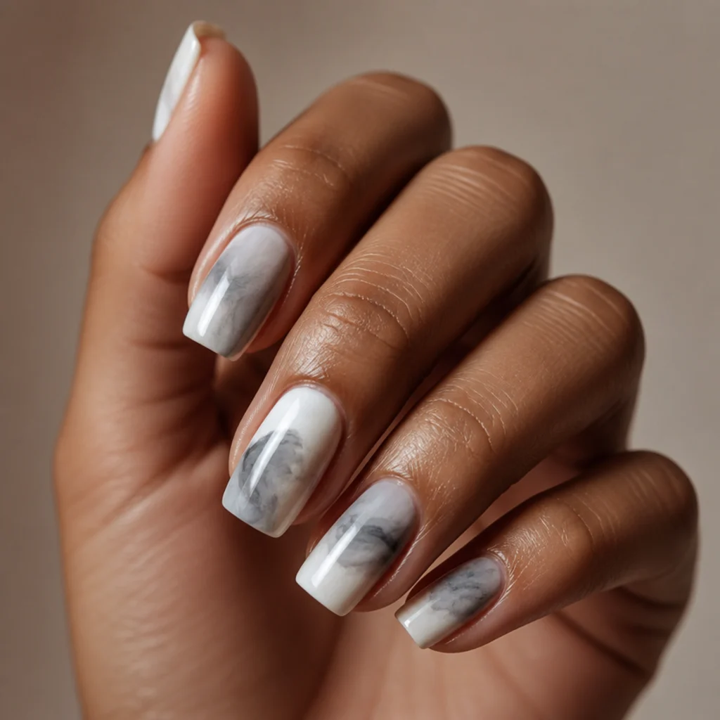 Square nails with loose white and grey abstract brushstrokes softened by blooming gel, each stroke feathered at the edge