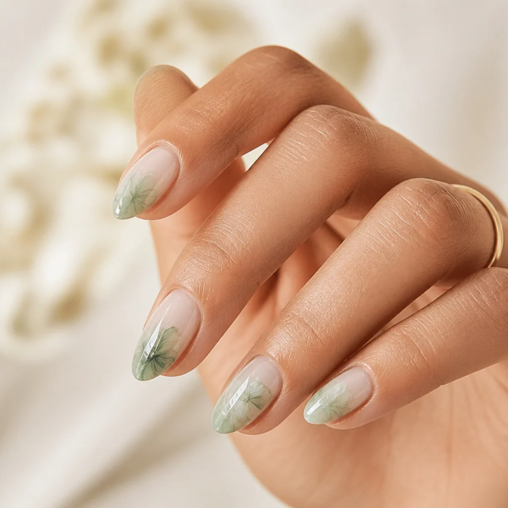 Almond nails with a soft sage green and white botanical wash bloomed across the nail, sheer and cloudy rather than opaque green