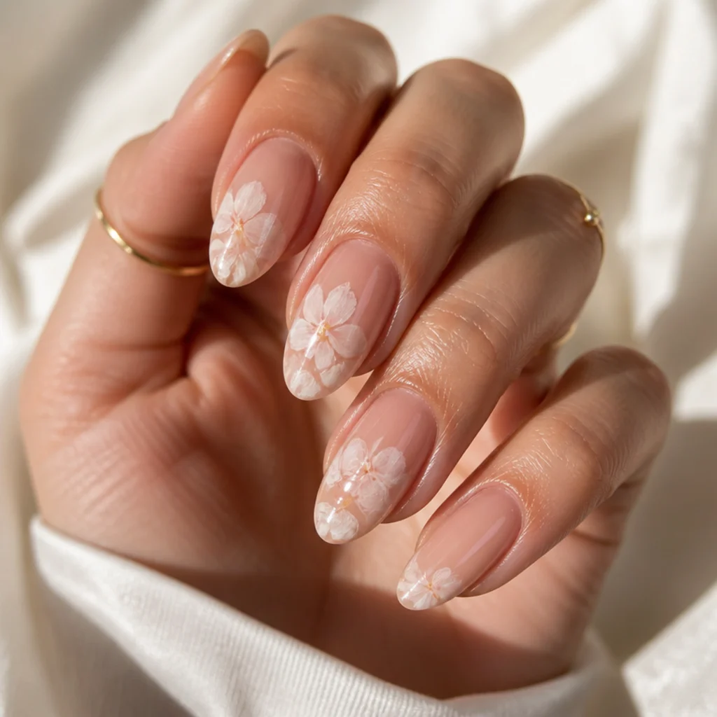 Close-up editorial macro of almond nails with soft white blooming gel florals feathering over a nude base