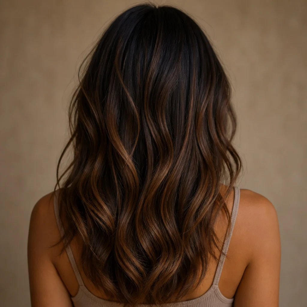 Back view of espresso brown hair with hand-painted warm balayage brightening from a dark root to caramel mid-lengths and ends