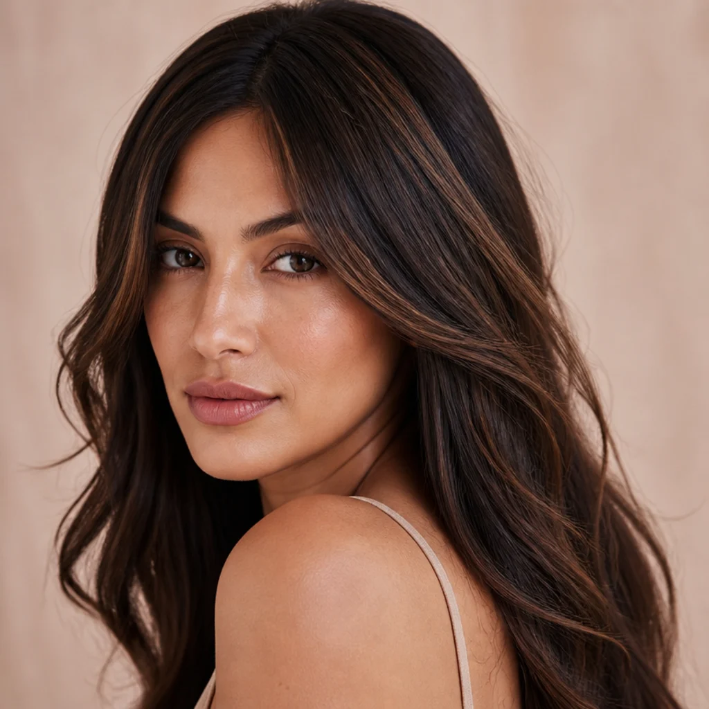 Three-quarter view of dark brown hair threaded with fine chestnut highlight ribbons catching light on loose waves