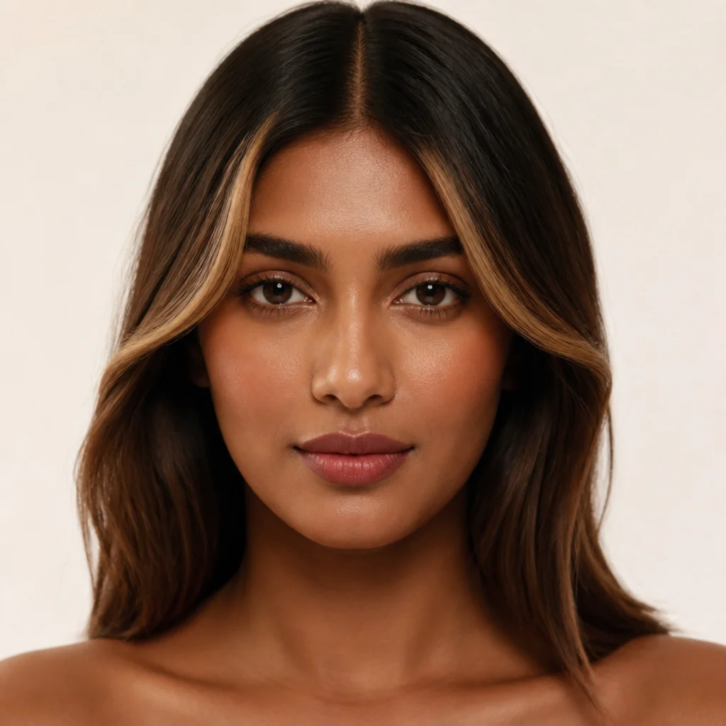 Front-facing portrait of brunette hair with bright caramel money pieces framing the cheekbones against a darker base