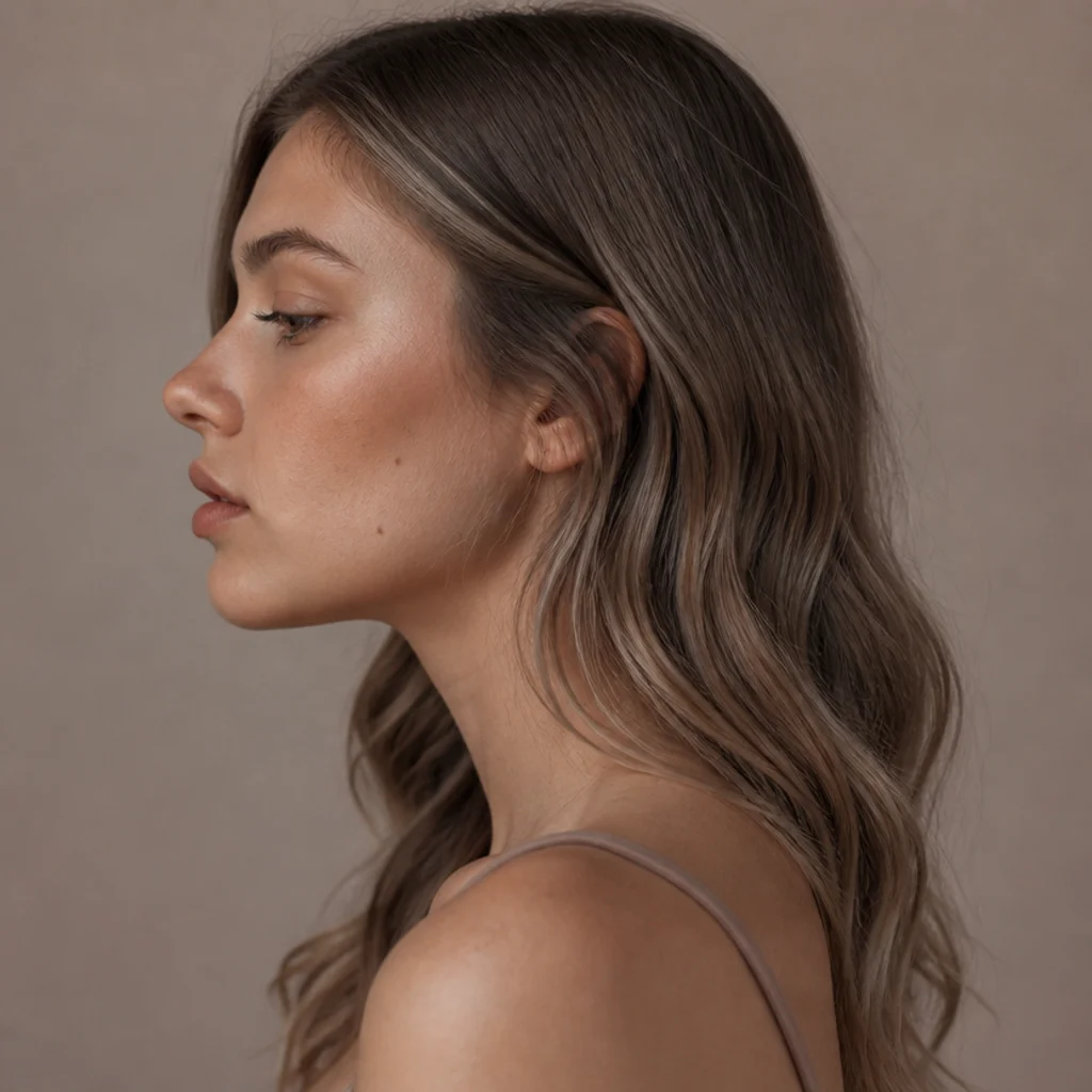 Side profile of soft mushroom brown hair blending cool taupe roots into warm beige-brown ends in a smooth melt