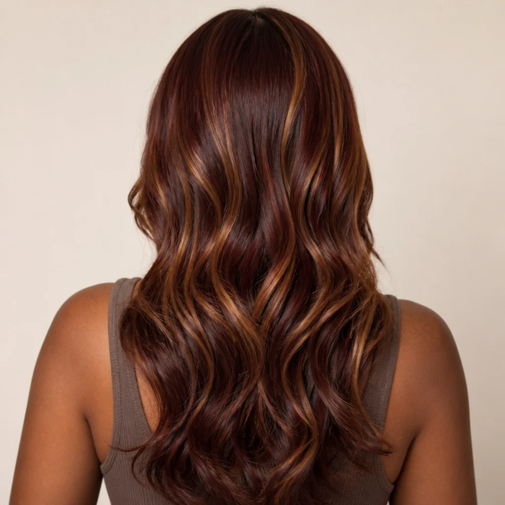 Back view of mahogany brown hair with golden red-brown highlights woven through for a warm multi-tonal finish