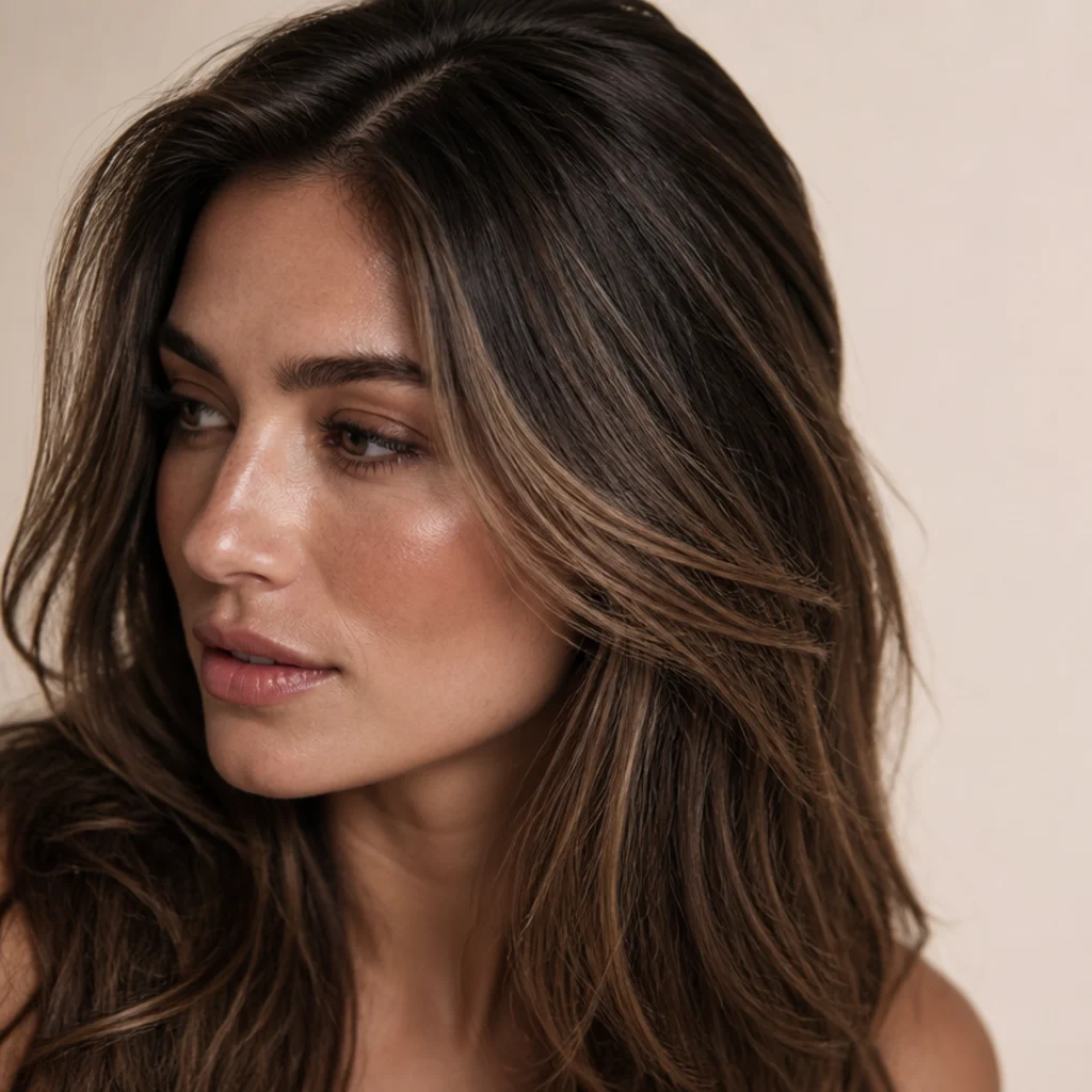 Close three-quarter shot of brunette hair with fine toffee babylights creating a soft glow near the crown and part