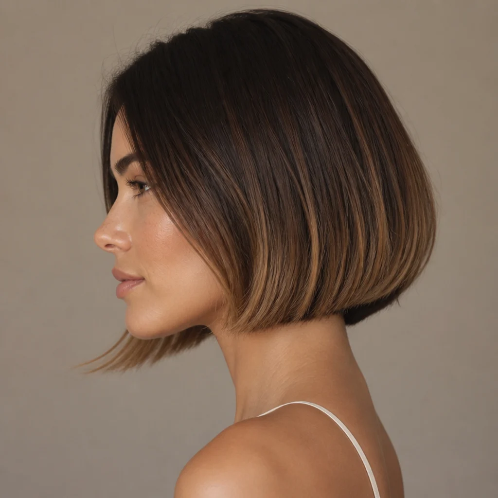 Side view of a chin-length dimensional brunette bob with caramel balayage brightening the ends and a deeper root