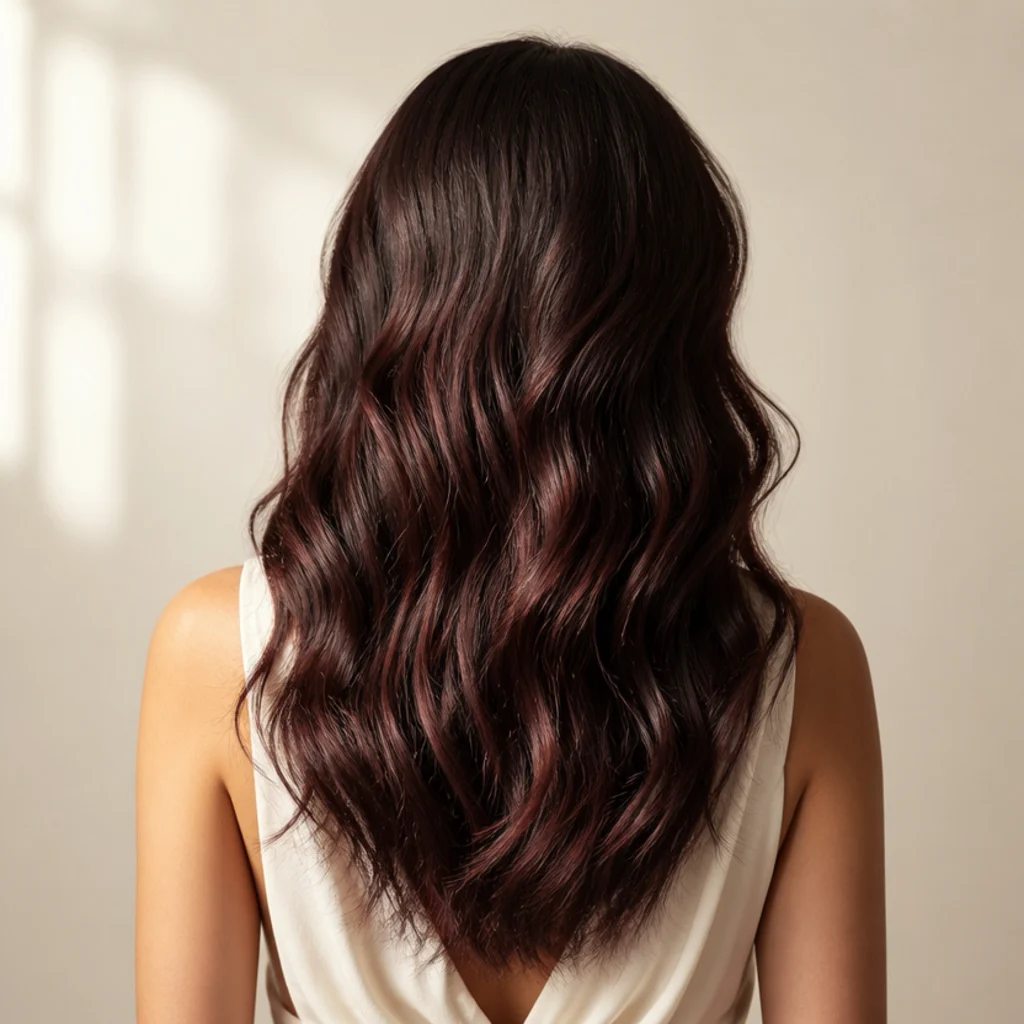 Back view of dark chocolate brown hair revealing subtle cherry-red undertones as light passes through the waves