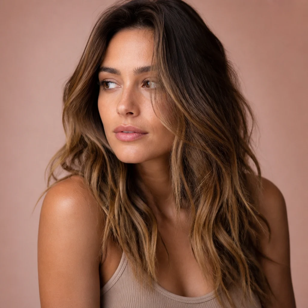 Three-quarter view of beachy brunette waves with scattered warm highlights concentrated toward the ends and surface