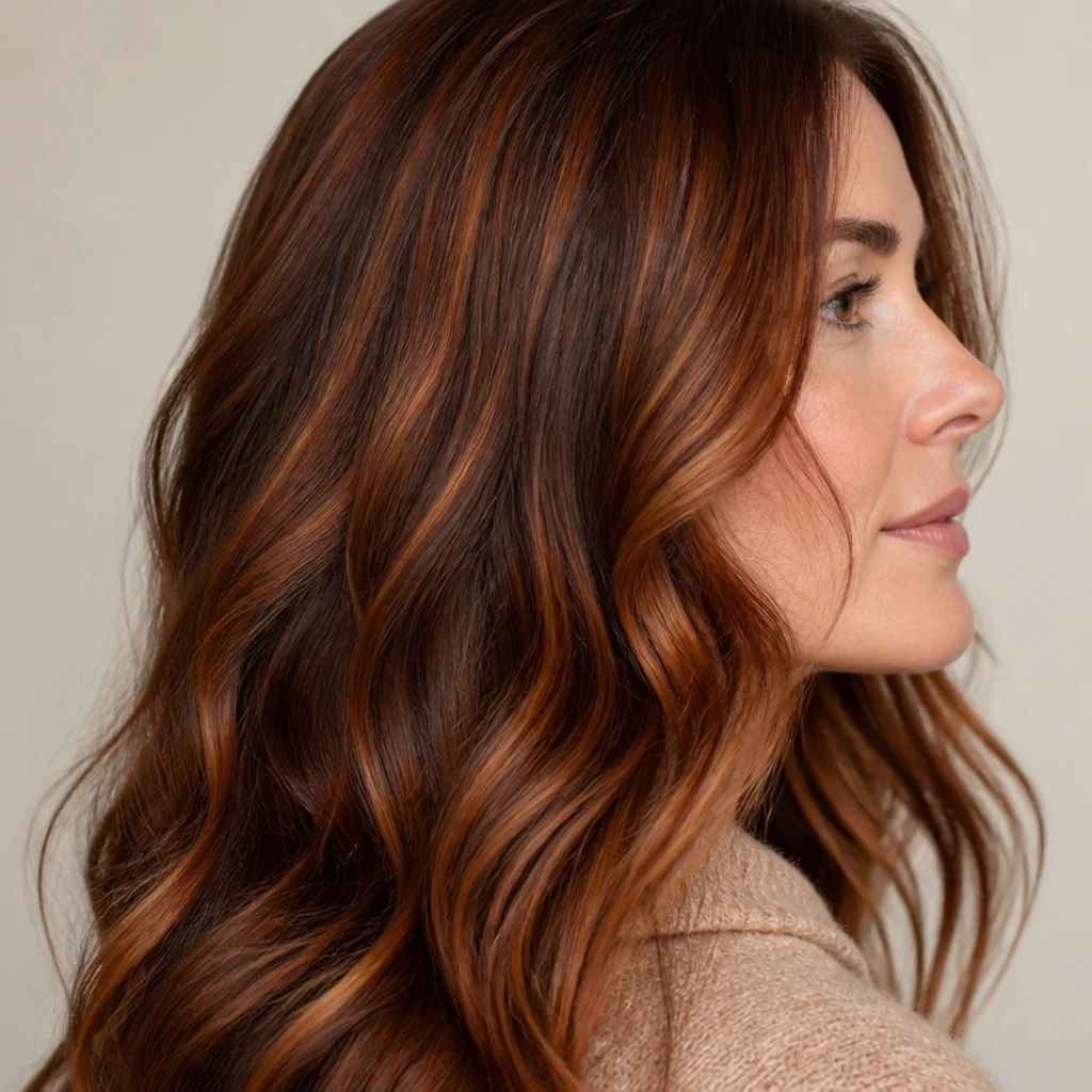 Side profile of brunette hair glowing with fine copper highlights woven through a warm brown base