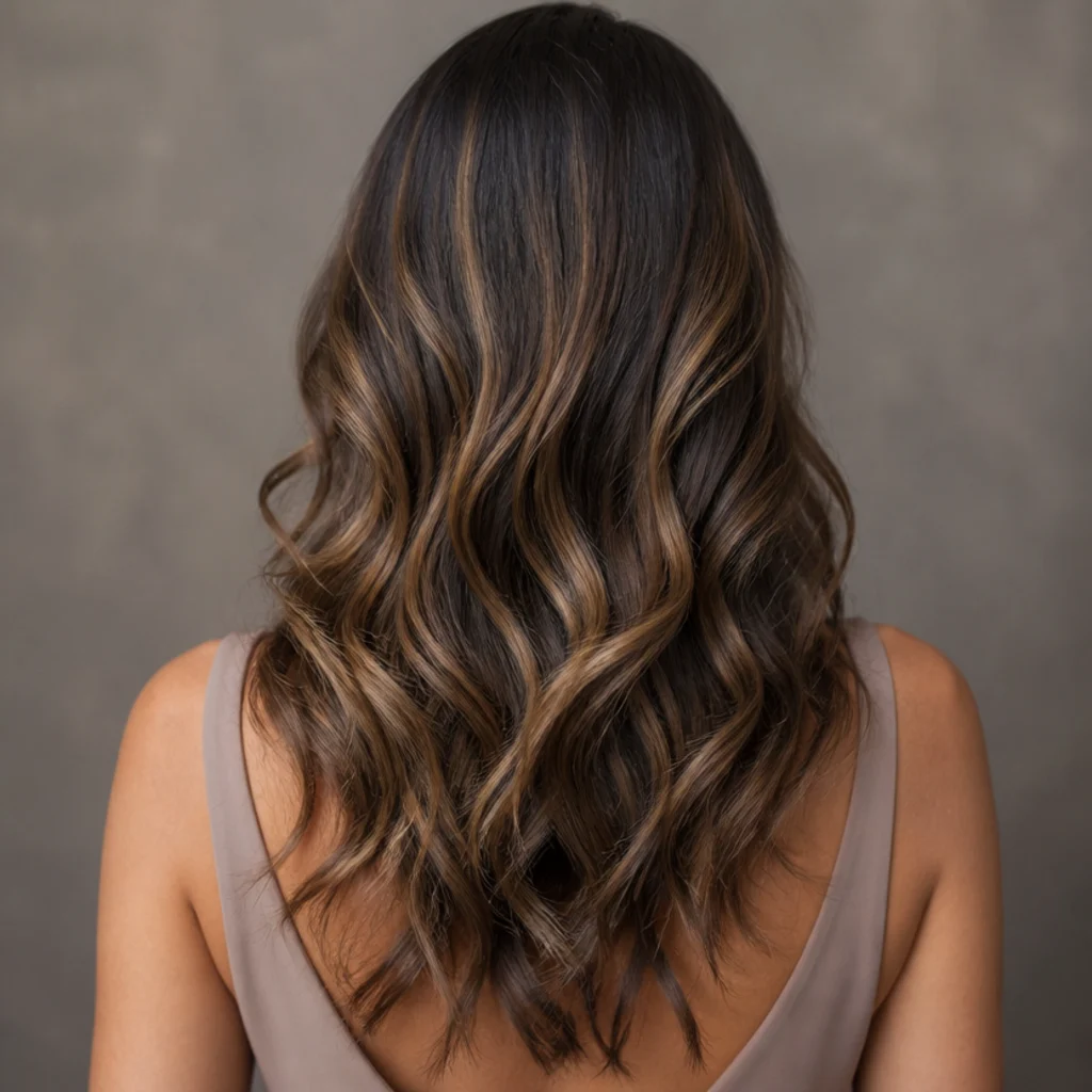 Back view of brunette hair blending cool ash lowlights with warm caramel highlights for balanced contrast