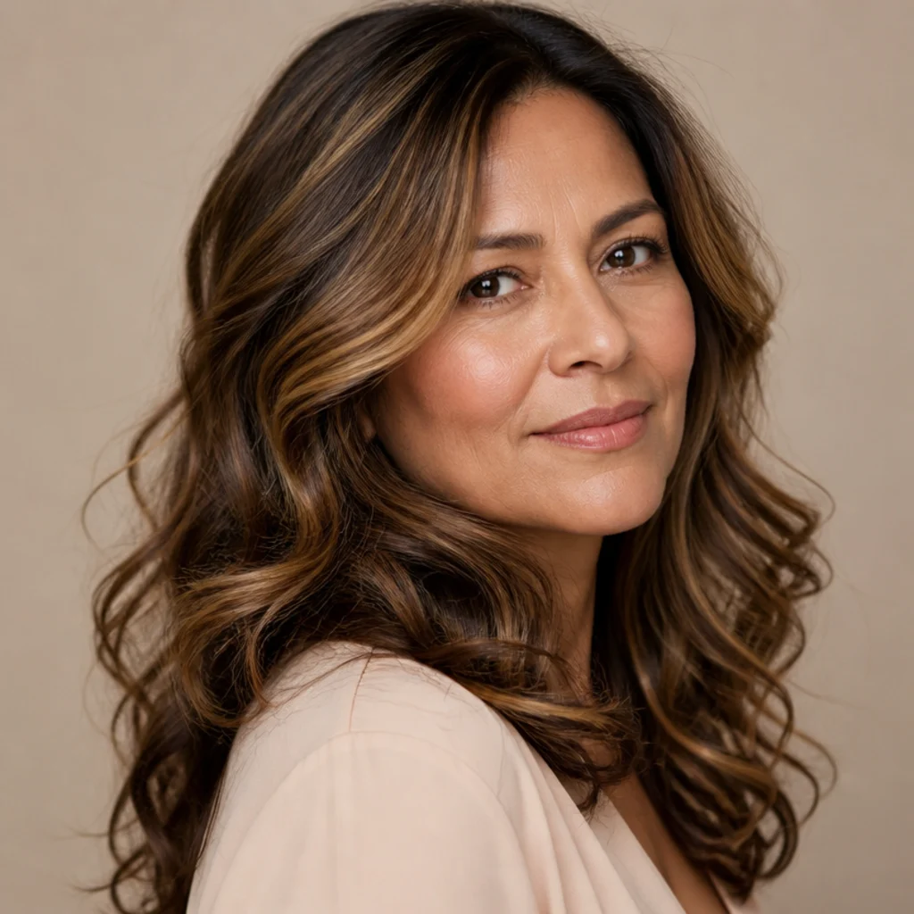 Three-quarter view of brunette hair with wide honey-toned highlight ribbons flowing through loose curls