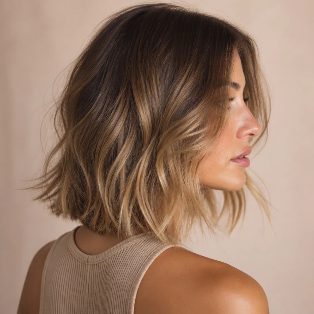 Side view of a shoulder-length bronde lob with a deep root melting into warm blonde-brown lengths