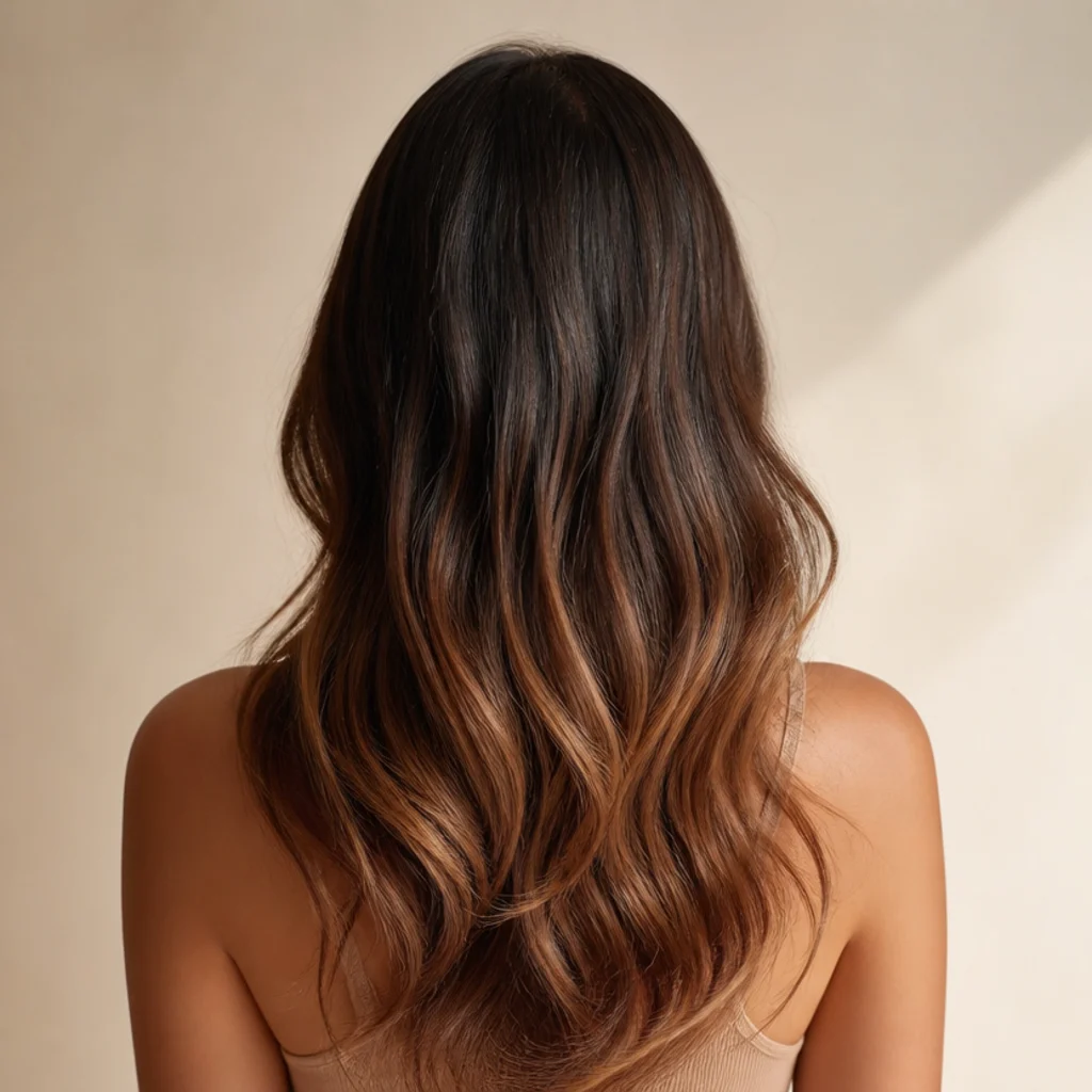 Back view of deep espresso hair transitioning to warm amber-lit ends in a soft dip-dye gradient