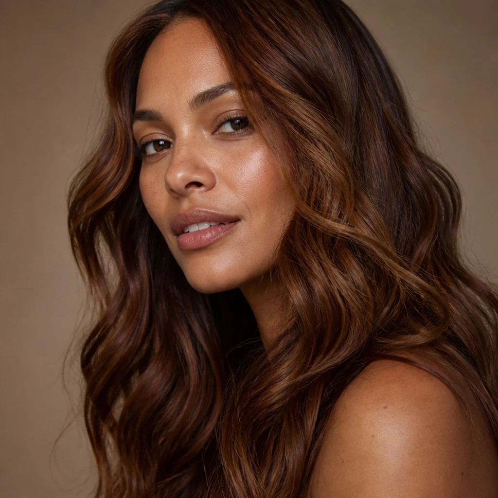 Three-quarter view of brunette waves swirled with cinnamon and warm brown tones for a spiced multi-tonal effect