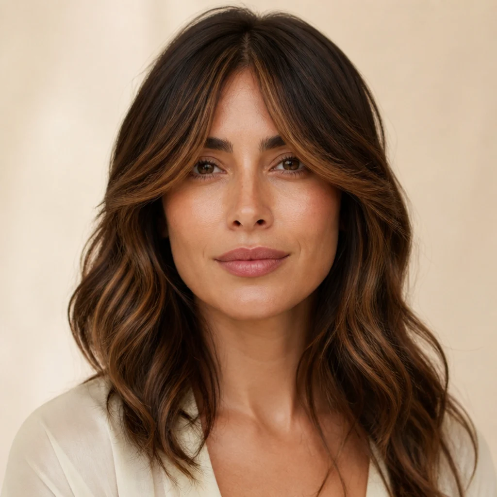 Front-facing portrait of brunette curtain bangs with warm caramel brightness framing the face and a deeper base